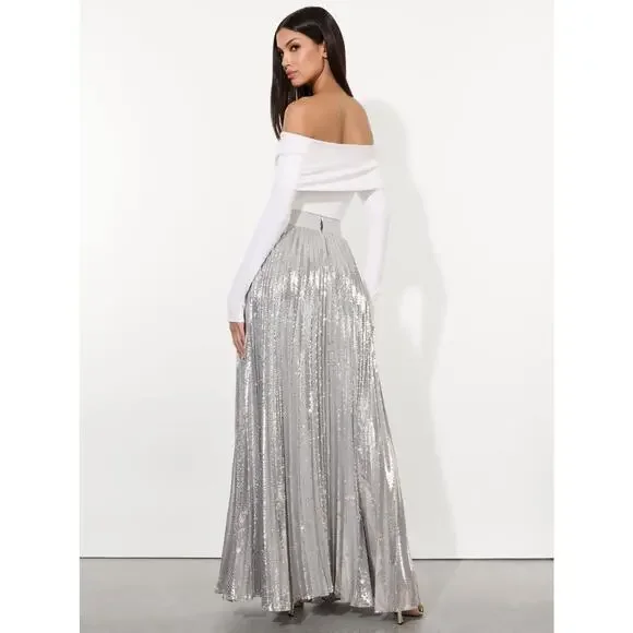 alice olivia ivey sunburst pleated maxi dress Alice + Olivia Ivey Sequin Sunburst Pleated Maxi Skirt metallic silver Size  0